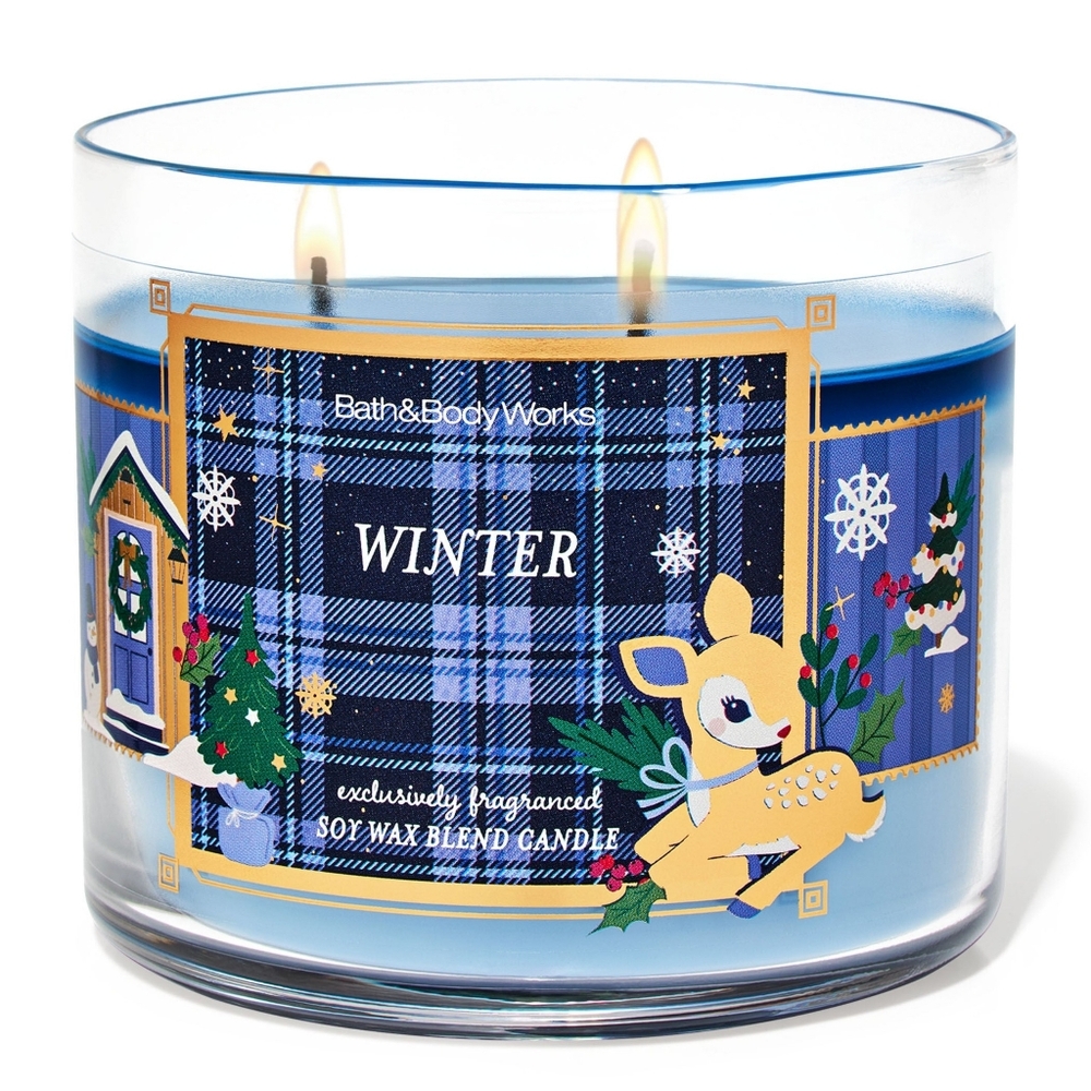 Bath & Body Works Blue Winter Holiday Plaid Cute Deer 3-Wick Candle NEW RARE